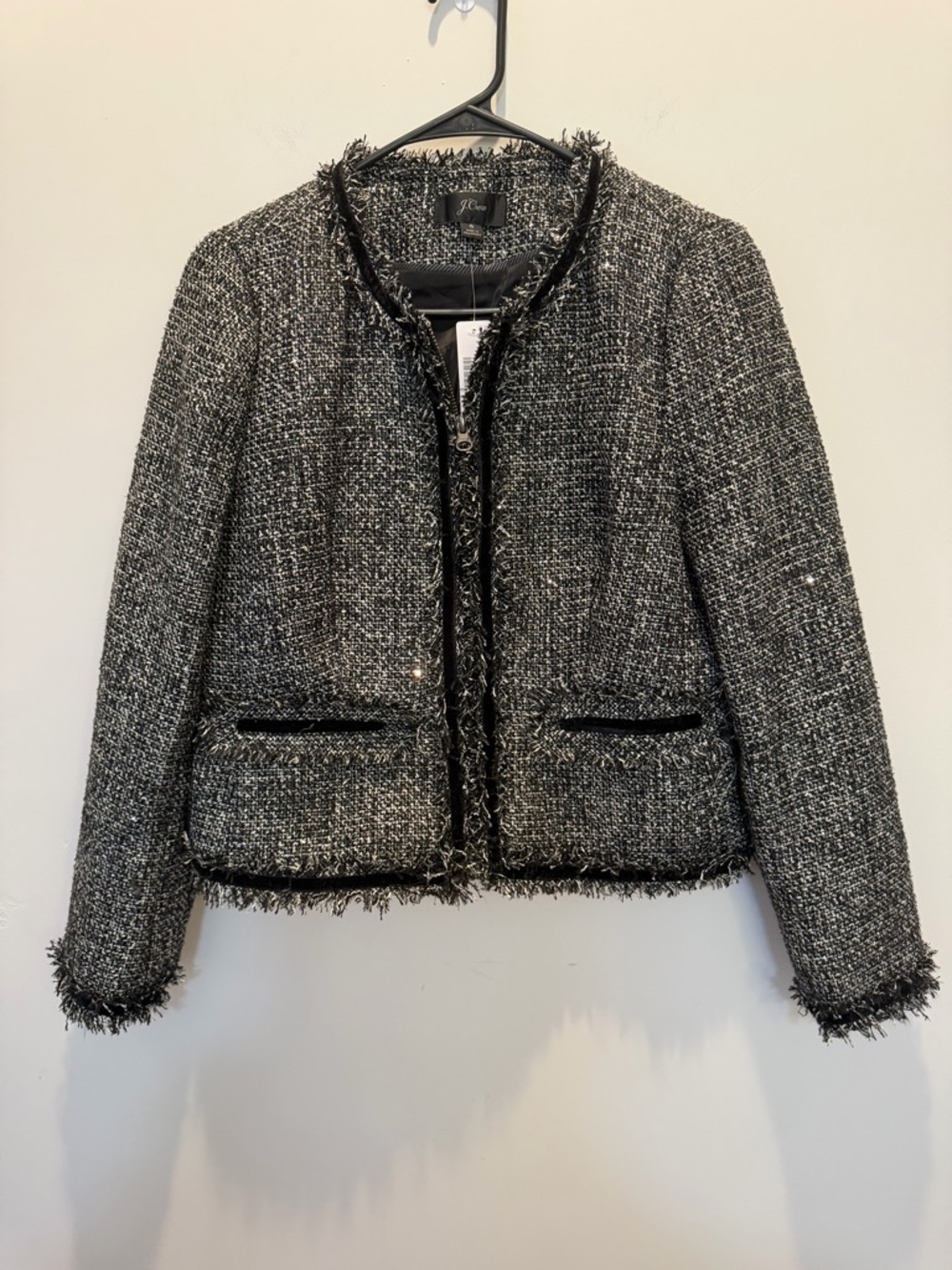 J. Crew Lady Metallic Black & White Tweed Fringe Collarless Blazer - Picture 3 of 8